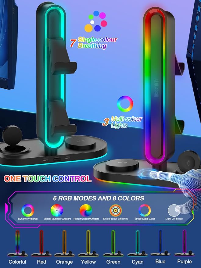 RGB Headset Stand with Wireless Charger, 8-in-1 Charging Station for iPhone, Samsung, Apple Watch Type-C/USB Ports, Gaming Headphone & Controllers Holder, Organizer for Desk Includes 20W PD Adapter