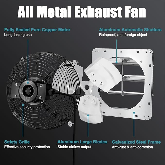 Criditpid 7 Inch Shutter Exhaust Fan, 760 CFM High Speed Wall Mounted Fan, Attic Vent Fan with Speed Controller and Thermostat for Greenhouse, Garage, Warehouse, Basement, Chicken Coop Ventilation