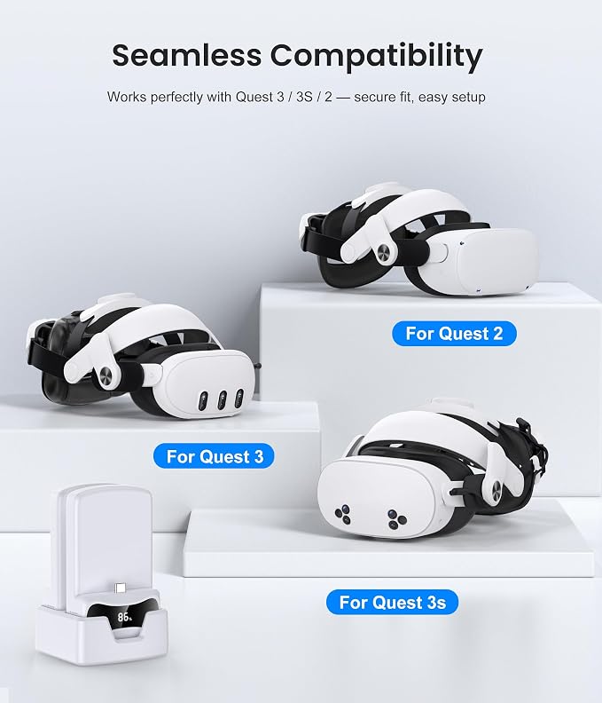 Head Strap for Meta Quest 3/3S/2-10000mAh×2 Hot Swappable Batteries & Charging Dock - VR Headset Strap Enhanced Support, Adjustable VR Headset Accessories for Oculus - MQ3004