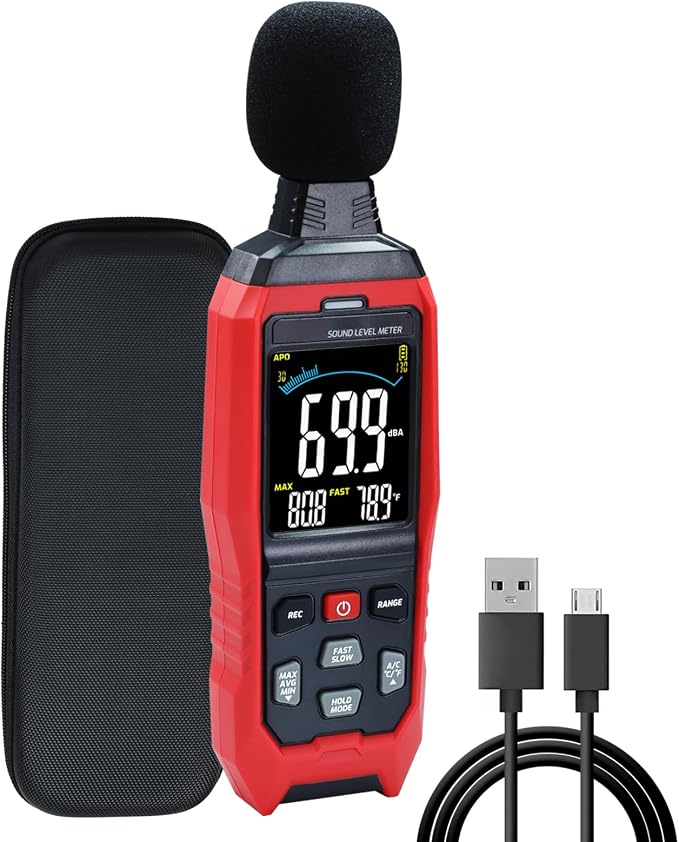 Sound Level Meter Data Logger Decibel Meter with Record Function, Portable Noise Meter 30~130dB Sound Meter A/C/Z Weighting Noise Testing with Audible Visual&Alarm, Temperatue, Analog Bar Indicator
