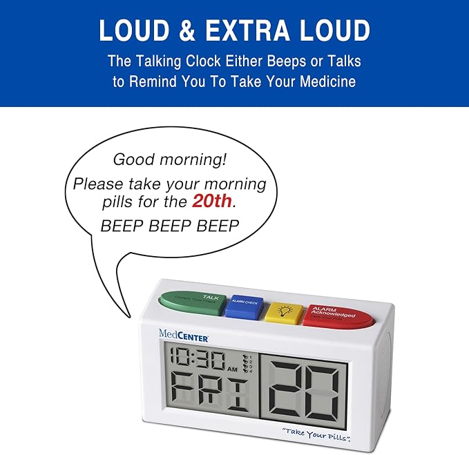 MEDCENTER Talking Alarm Clock HSA/FSA, Medication Pill Reminder Clock, Alarm Clock for Dementia and Visually impaired - Digital Clock Ex Large White (with Adapter) Gift for Mom, Dad, Elderly, Seniors