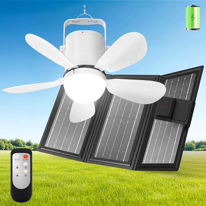 Solar Ceiling Fan Light, Battery Operated Camping Fan with Remote Contorl & 20W Portable Foldable Solar Panel, Rechargeable Gazebo Fan Light for Tent Canopy Pergola Travel