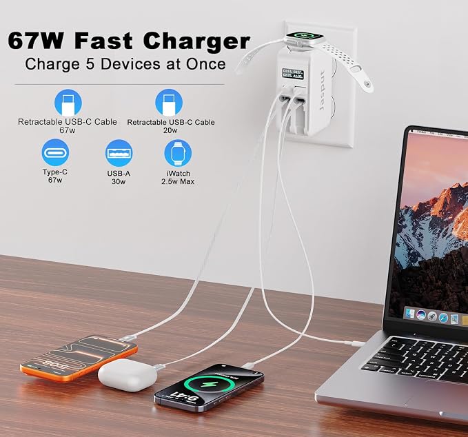 67W Retractable Phone Charger Wall Plug, 5 in 1 Retractable Wall Charger with Watch Charger & USB C & USB A Port, Travel Multiport Charger Block for Apple Watch,iPhone 17 16 15 14,Galaxy,MacBook