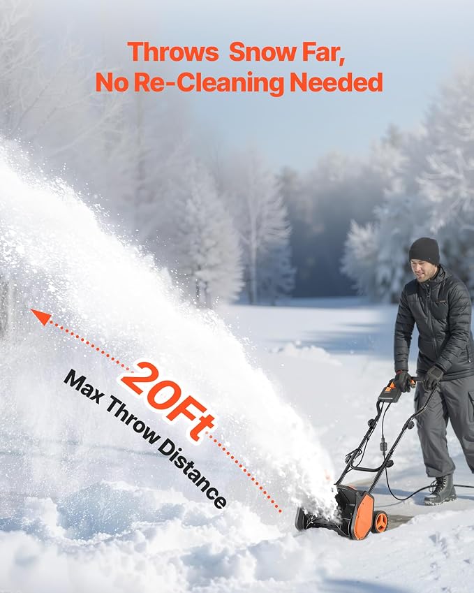 VEVOR Corded Electric Snow Shovel, 12A 17 inch Snow Shovel, 60° Adjustable Chute, 20 ft Throwing Distance, Snowthrower with Dual Safety Switch, Winter Ice Removal Tool for Driveway Sidewalk Patio