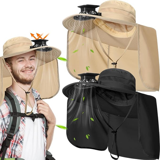 Maiteenly 2 Pcs Solar Fan Hat for Men with Neck Flap Bucket Fan Buit in Hats for Hiking Fishing Outdoor USB and Solar Powered