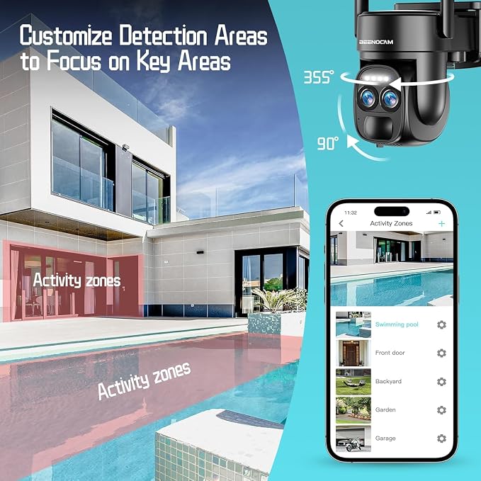 BEENOCAM 4K Dual Lens Solar Security Cameras Wireless Outdoor, 2.4G/5Ghz WiFi, 355° Pan/Tilt Home Security Camera with 8MP Color Night Vision, PIR Motion Detection, Spotlight Alarm, 2-Way Audio