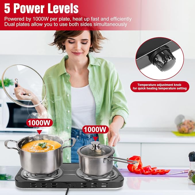 2000W Electric Hot Plate,Portable Electric Stove Countertop Double Coil Burners W/Dual Control&5 Level Temperature Control, Easy to Clean,Lightweight Cast Iron Countertop Stove for Home Camp RV 110V