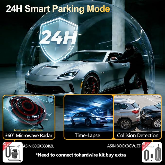 4 Channel Dash Cam,360 Degree, Front and Rear Inside Dash Cam for Cars, APP Control, Built-in WiFi,8 IR Night Vision, Parking Mode, Loop Recording, Fre 64G SD Card, Voice Control,3K+1080P x3