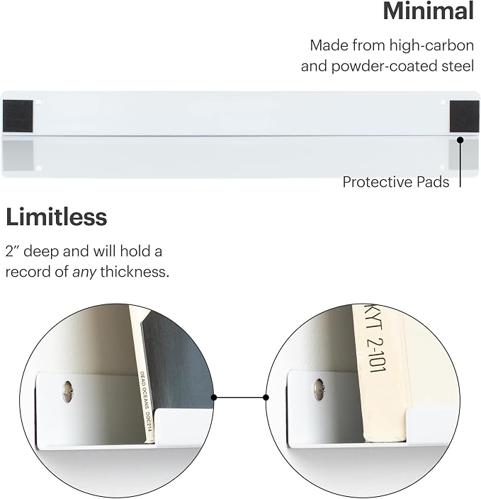 Vinyl Record Shelf - 3 Metal Display Shelves - Wall Mount Now-Playing Vinyl Shelves - an Album Record Holder That Doubles as a Picture Ledge - Fits All Records (White)