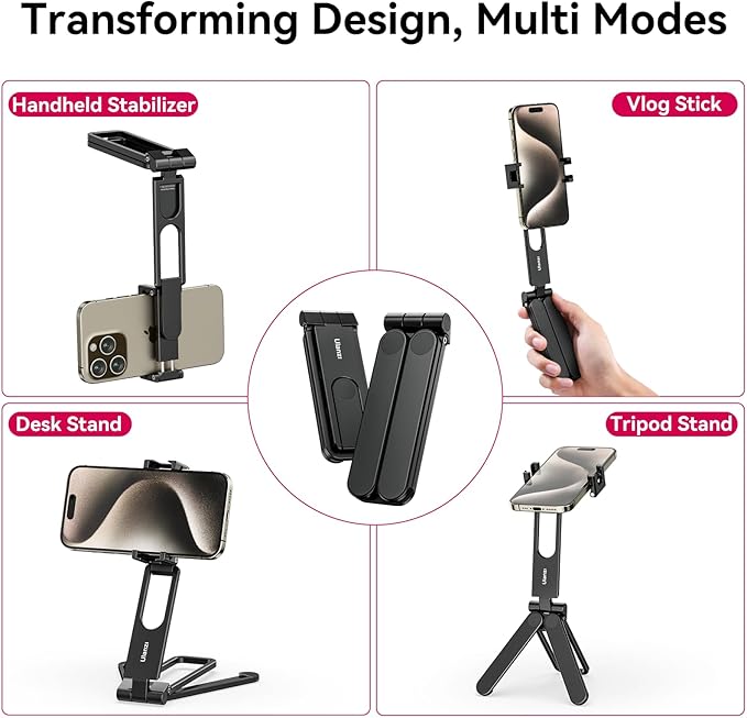 ULANZI MA26 Foldable Phone Tripod, Pocket Cell Phone Vlog Video Tripod Handle Aluminium Smartphone Desk Stand 2 Cold Shoe Small Size All in One Lightweight Portable Vlog Stick for iPhone 17 Samsung