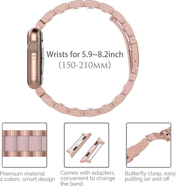 Wearlizer Compatible with Apple Watch Bands 38/40/41/42mm Women Wristband Stainless Steel & Pink Resin Stylish Metal Sleek Bracelet for iWatch Series 11 10 9 8 7 6 5 4 3 SE/Ultra 3 2 1