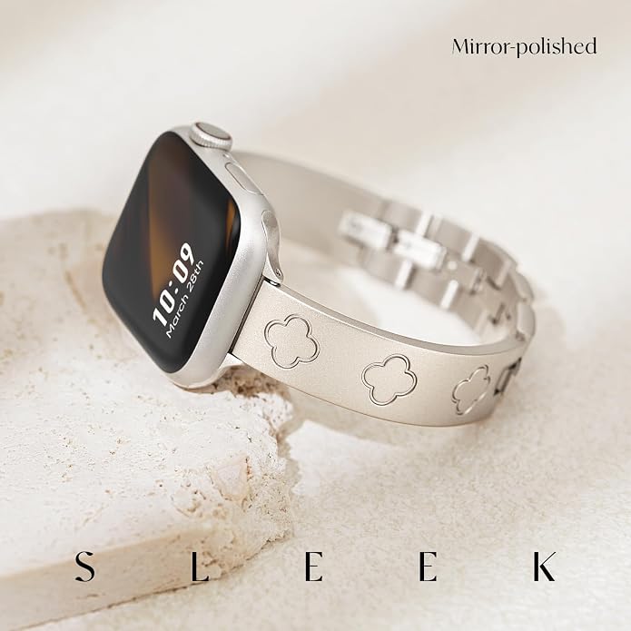 Missair Compatible with Apple Watch Band 38mm 40mm 41mm 42mm 44mm 45mm 46mm 49mm, Four Leaf Lucky Bracelet Women Dressy Stainless Steel Metal Clover Strap for iWatch Series 11 10 9 8 7 6 5 4 SE Ultra