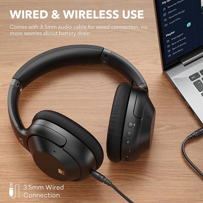 Bluetooth 6.0 Active Noise Cancelling Headphones for Airplane Travel, LDAC Hi-Res Audio, 90H Playtime Wired and Wireless ANC Headphones, Over Ear Headset for Home Office, Custom EQ via APP, Black