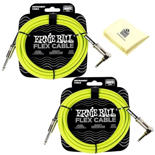 Ernie Ball Flex Instrument Cable Straight/Angle - Pack of 2 with Z Polishing Cloth in Green - 10 Feet