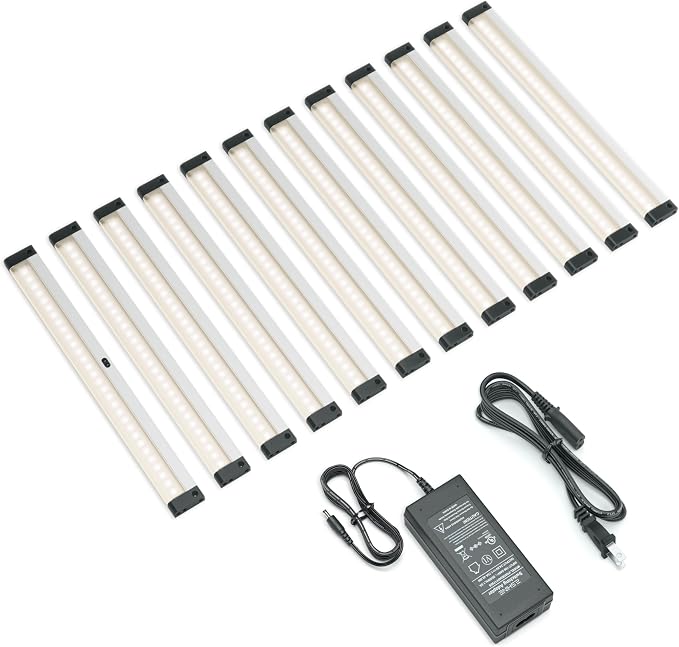 EShine Hand Wave Activated Under Cabinet LED Lighting Kit, Dimmable, 12-Pack 12 in - Touchless Dimming Control, Black Under Counter Lights for Kitchen, Garage, Office, Desk - Warm White (3000K)