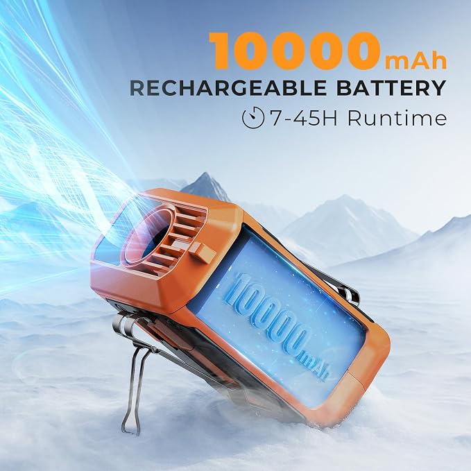 ASNUG Portable Waist Fan Rechargeable, 10000mAh Battery Powered & 45H Runtime, 10-Speed Personal Fan w/Lanyard, Flash Light, LED Display, Clip on Wearable Belt for Jogging Hiking Jobsite Warehouse