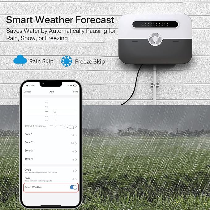 Smart Sprinkler Controller, 8 Zone WiFi Irrigation Controller with APP Control, Indoor Outdoor Automatic Water Timer, Weather-Based Skip & Custom Schedules, Easy DIY Installation