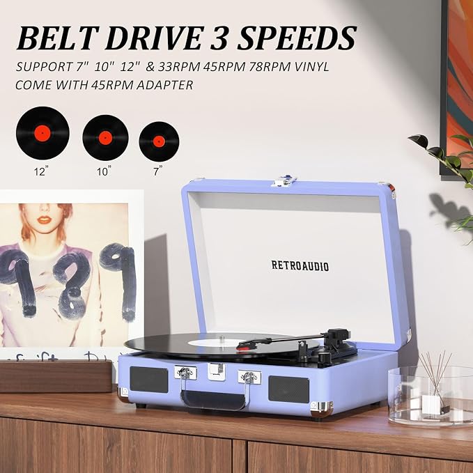 Vinyl Record Player 3 Speed Bluetooth Portable Suitcase Belt-Driven Record Player with 2 Built-in Stereo Speakers Vinyl Vintage Turntable Records Player with RCA Line Out, AUX Out (Purple)
