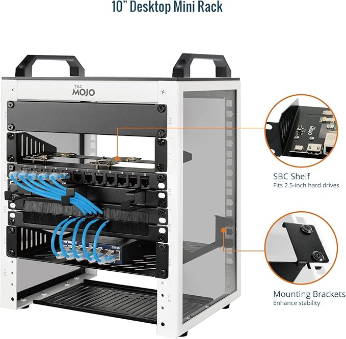 Tecmojo 6U Network Rack, 10 inch Mini Server Rack with 2 Side Translucent Panels & 2 Top Handles, 7.87 inch Deep, for 10 inch IT Equipment & A/V Devices, White