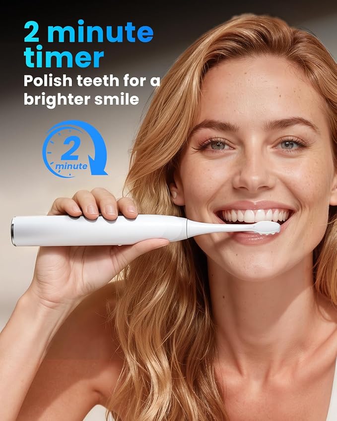 Onlyone Electric Toothbrush for Adults, Rechargeable Electric Toothbrush with 8 Brush Heads, Travel Case, Charging Base & Wireless Charging - 5 Modes with Smart Timer, White
