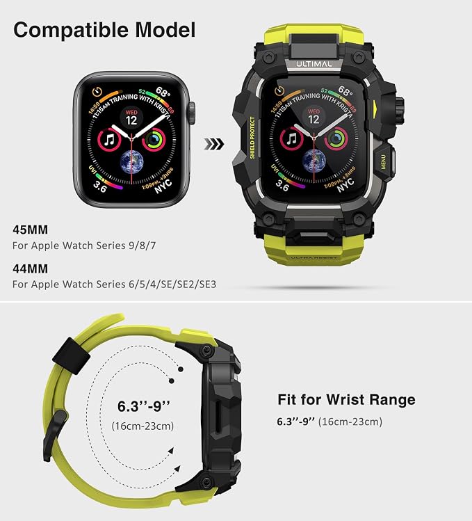 ULTIMAL Rugged Case with Band for Apple Watch Band 45mm,Compatible with Apple Watch Series 9/8/7 45mm Men,Military Grade Shockproof Bumper Cover for iWatch Tactical Band Men (45mm,Fluorescent Green)