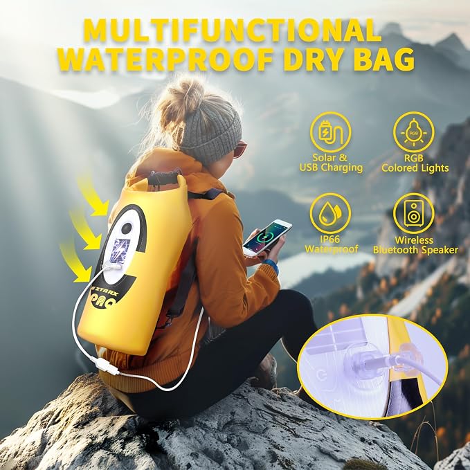 FELICON Waterproof Dry Bag Backpack with Bluetooth Speaker, 20L Roll Top Floating Sack, Solar & USB-C Powered Emergency Charger, RGB Light, Heavy Duty PVC for Kayaking Camping, Yellow
