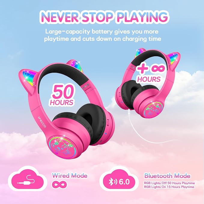 IFECCO Kids Wireless Headphones with Case - Cute LED Light Up Cat Ear,50H Playtime,Safe Volume Limited,Bluetooth 6.0 Kids Girls Headphones for School iPad Tablet Gifts