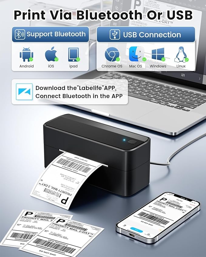 Phomemo Bluetooth Shipping Label Printer, 241BT 4X6 Wireless Thermal Label Printer for Small Business, Labels Printers for Shipping Package, Compatible with iPhone, Android, Amazon, Shopify, Black