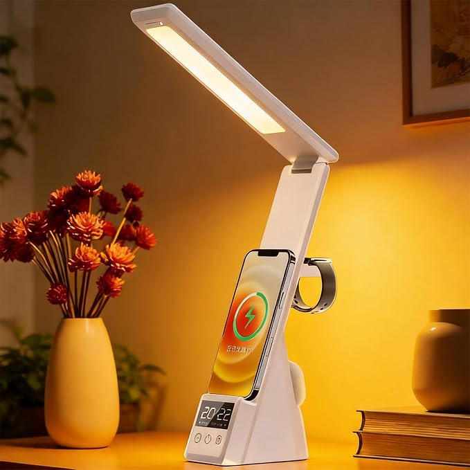 3-in-1 Foldable Wireless Charging Station with Digital Clock&Alarm,15W Fast Wireless Charger for Phone,Earbuds and Smartwatch,Qi Charging Dock with Bedside Lamp,3 Color Night Light,N61 White.