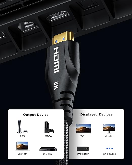 Cratree HDMI Cable 20FT Long - 8K HDMI 48Gbps High-Speed HDMI Braided,8K 60Hz 4K120Hz,HDCP 2.2&2.3, HDMI Cord Compatible with TV/PS4 /PS5