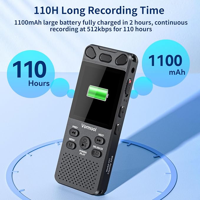 160GB Digital Voice Activated Recorder 110h Battery Time, 2.15" Color Screen Audio Recorder Dictaphone with External Mic, Vormooi USB-C Tape Recorder with Playback for Class Lecture Meeting