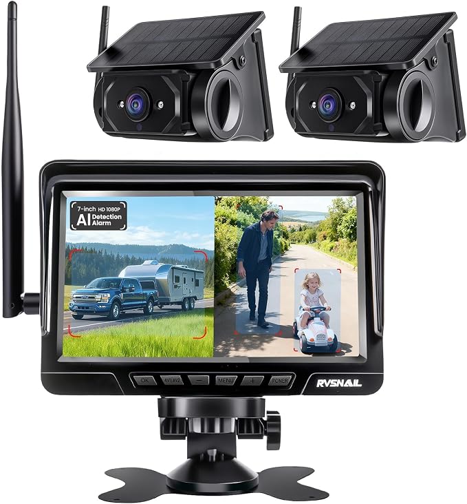 Magnetic Solar Wireless Backup Camera with 7" 1080P Monitor, 2 Backup Cam-Kit, Alarm Function, Night Vision,Easy Install, Trailer Back up Camera Systems for RV Truck Camper SUV