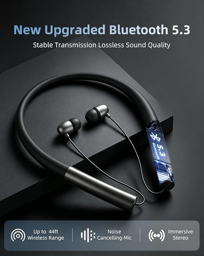 Bluetooth 5.3 Neckband Bluetooth Headphones, Retractable Headphones with IPX5 Sweatproof & Vibration Alert, Stereo Noise Cancelling for Music, Calls, Conference, Videos