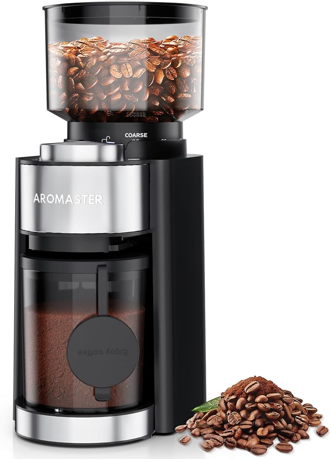 Aromaster Burr Coffee Grinder, Electric Conical Coffee Bean Grinder for Home Use, with 25 Grind Settings,3-Ears Portafilter Holder, Anti-static Design, Adjustable 2-12 Cups Timer, Cleaning Brush