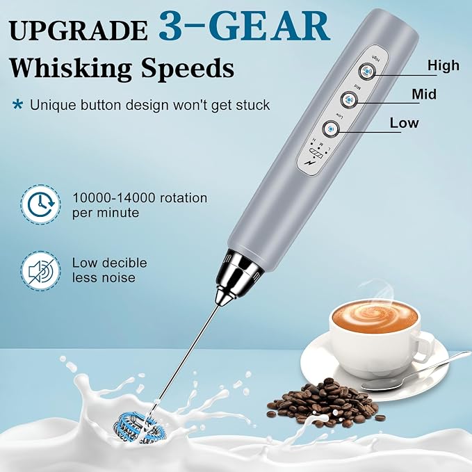 BSRGMS Milk Frother Handheld with Stand, Electric Whisk 3 Speed Adjustable, Drink Mixer with Stainless 3 Whisks, Rechargeable Hand Frother Wand, Foam Maker for Latte Cappuccino Matcha Egg Cement Gray