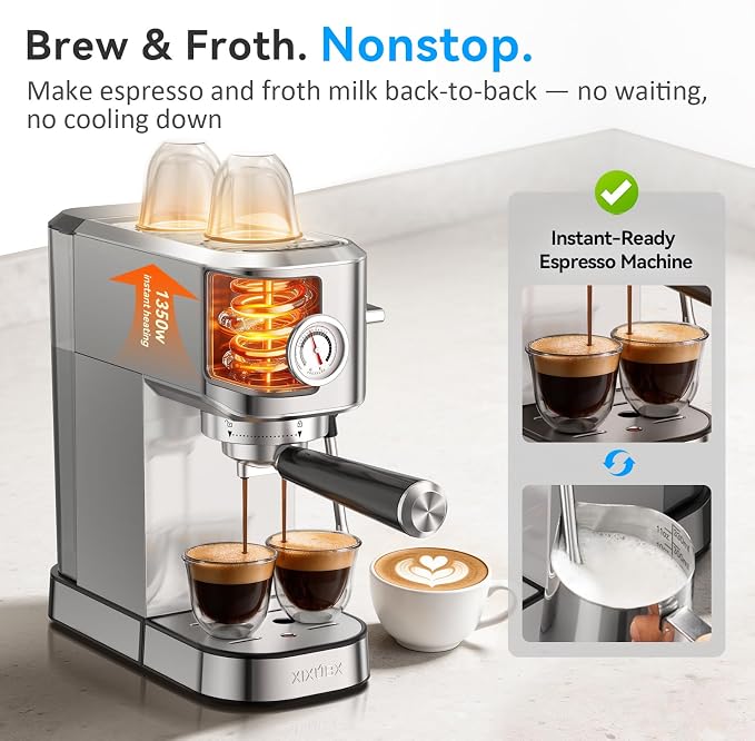 XIXUBX 20 Bar Espresso Machine, Compact Stainless Steel Espresso Maker with Milk Frother and Milk Frothing Pitcher, Coffee Machine for Cappuccino and Latte, 42 oz Water Tank for Home, Office, Silver