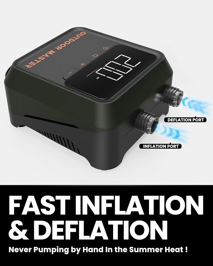 OutdoorMaster The Cachalot 2 Paddle Board Pump, 20PSI High Pressure SUP Air Pump, 12V DC Car Connector for Inflatable SUP Boards, Dual Stage Inflation & Auto-Off, Deflation Function