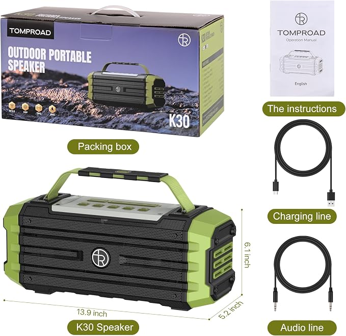 TOMPROAD Portable Bluetooth Speaker 120W Peak 80W Wireless Speakers, TWS Pairing, Deep Bass, Hi-Fi Loud Speaker, IPX6 Waterproof, DSP Sound Boombox for Outdoor, Camping, Party, Beach