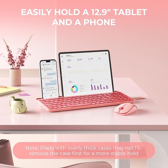 seenda Bluetooth Keyboard and Mouse for iPad, CTU-301 Wireless Multi-Device Connection Bluetooth+2.4G Keyboard Mouse Combo with Tablet Holder for iPad/MacBook/Windows, iOS/Android/Phone, Coral Pink