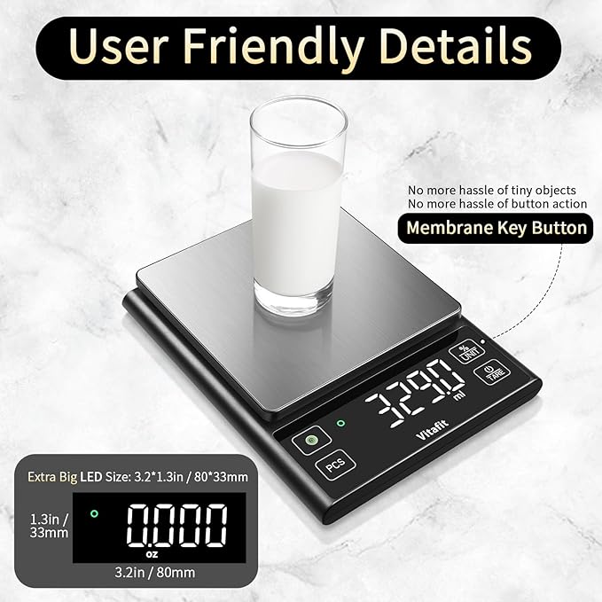 Vitafit 11lb Food Scale, High Accuracy 0.0001lb by Our Professional Scale Factory Since 2001, Digital Kitchen Scale with% Percentage Function for Cooking, Baking & Coffee, Stainless Steel, LED, Black