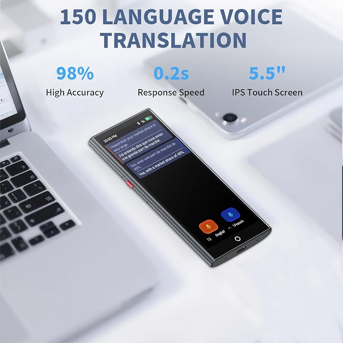 Language Translator Device, 2026 Upgraded Chip Two Way Real-Time Voice Translator, 150 Languages AI/Online/Offline/Group/Phone Translation, No WiFi Needed, 5.5" HD Screen for Travel Business Learning