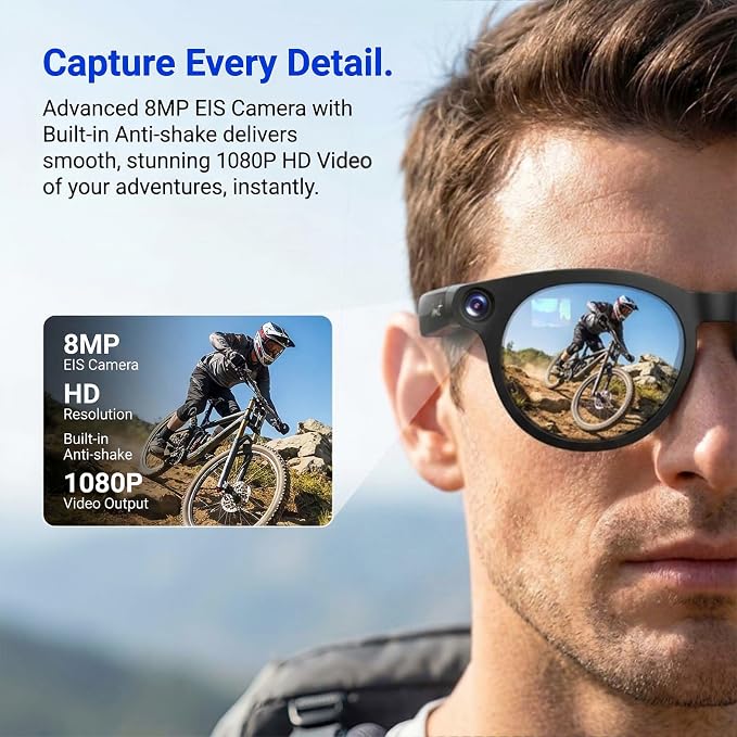 AI Smart Glasses with Camera, 8MP HD Video, Real-Time Translation | Photo Capture,Object Recognition,300 mAh Battery,80min Video Time,Open-Ear Music, Bluetooth Calls, AI Assistant
