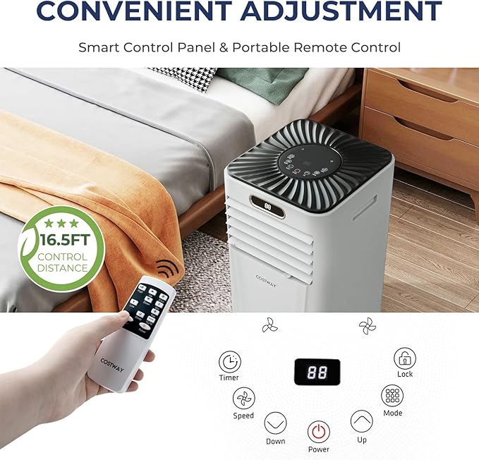 COSTWAY Portable Air Conditioner, 8000BTU AC Unit with Drying, Fan, Sleep Mode, 24H Timer, Remote Control, Cools Room up to 230 Sq. ft, for Home & Office Use, Window Kit Included, White(8000BTU)