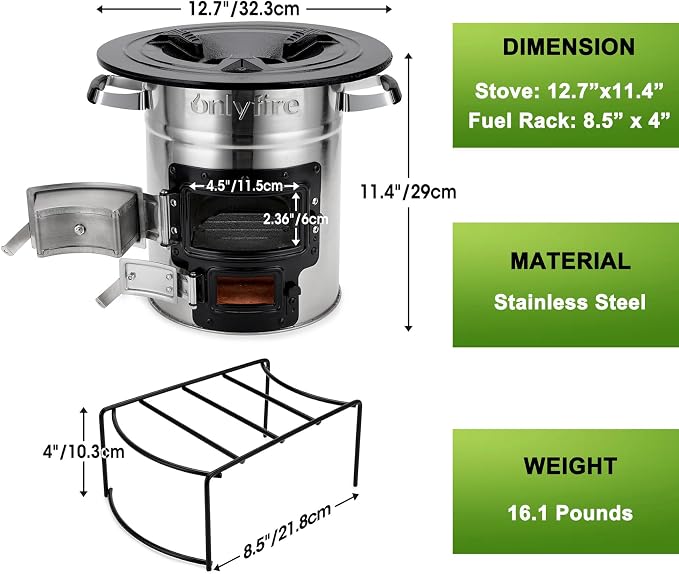 Onlyfire Stainless Steel Rocket Stove – Large Portable Wood Burning Camp Stove for Outdoor Cooking, Survival, Backyard, Patio – High Efficiency, Low Smoke, Supports Dutch Oven, 12.7x12.7x11.4 in