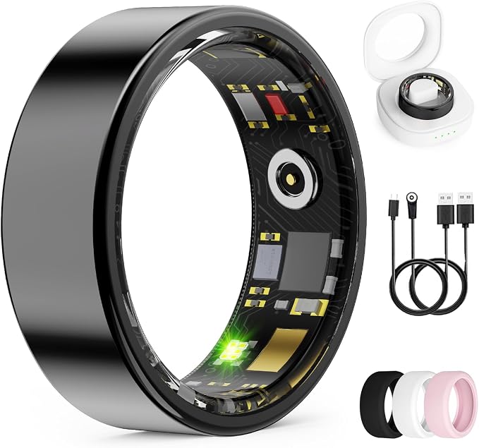 Smart Ring for Women & Men, Health Tracker Ring with Heart Rate, Blood Oxygen,Blood Pressure, IP68 Waterproof Fitness Ring, Sleep Tracker for iPhone and Android, No APP Fee (Black, 12#)