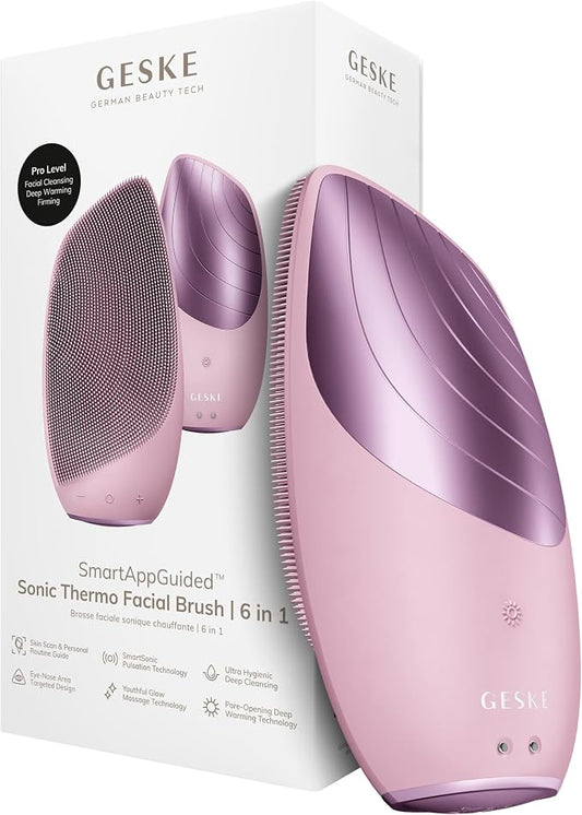 GESKE SmartAppGuided Sonic Thermo Facial Brush | 6 in 1 | Skin Cleansing | Cleansing Brush with Thermal Function | Electric Facial Massager