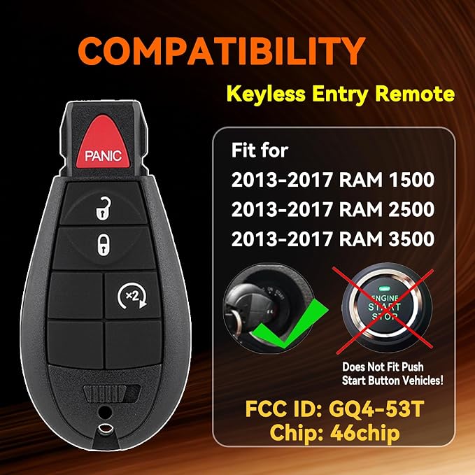 DIY Remote Key Fob Replacement for RAM 1500 2013 2014 2015 2016 2017 2500 3500 Truck Simple Remote Key Easy to Replace Kit GQ4-53T 46chip with Interchangeable Buttons Pad