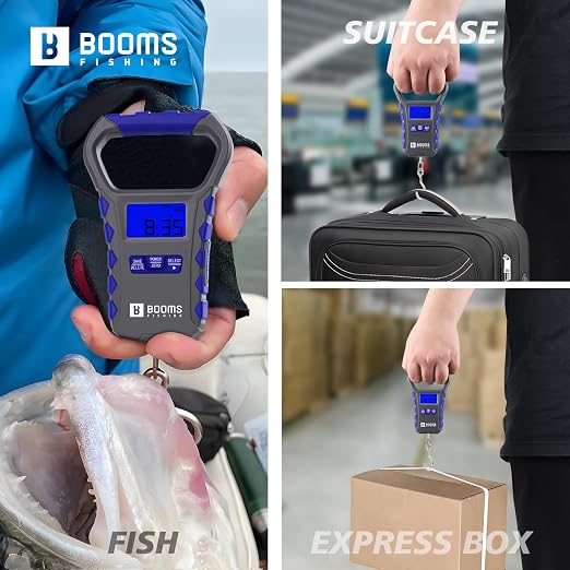 Booms Fishing Digital Fish Scale: USB Charging Fish Weigher 65lb Capacity - Waterproof Luggage Scale, LCD Display, Ergonomic Handle, Potrable Multi-use Fishing Accessories, Gray&Blue, XW50