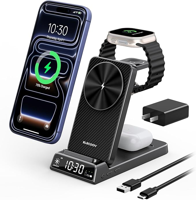 3 in 1 Charging Station for Apple, ELECDOV Magnetic Charger for iPhone, Foldable Wireless Charger with Clock, Travel Watch Charger Stand for iPhone 17/Air/16/15 Series, iWatch 10/AirPods 4