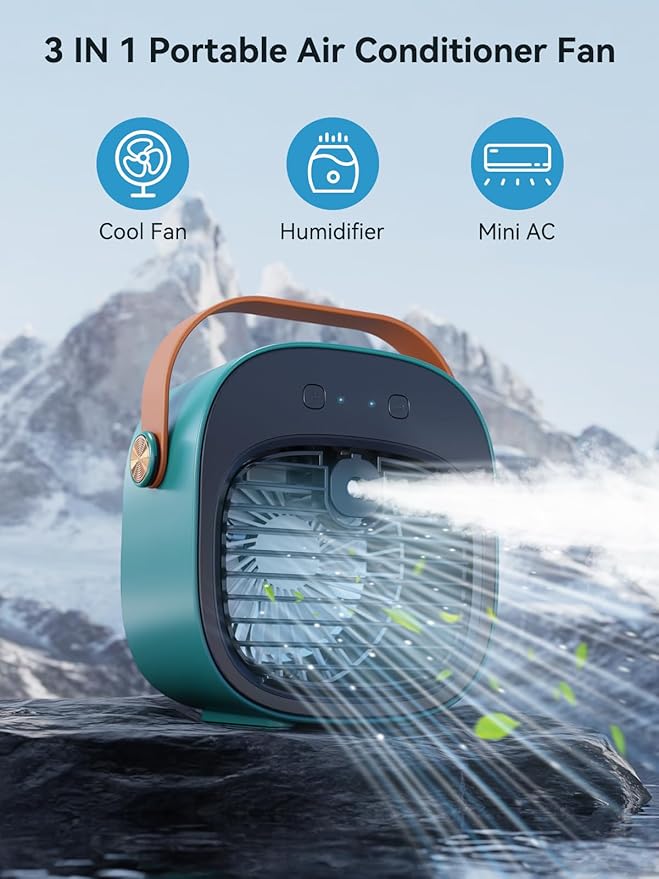 Portable Air Conditioner -5200mAh Rechargeable Mini Air Conditioner with 3 Speed Settings, 5-10 Hours Runtime,Quiet Desk Cooling Fan, Personal Air Cooler for Home, Bedroom, Travel, Office, Outdoor